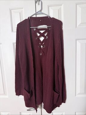 Lace-backed Open Cardigan Sweater - Burgundy
